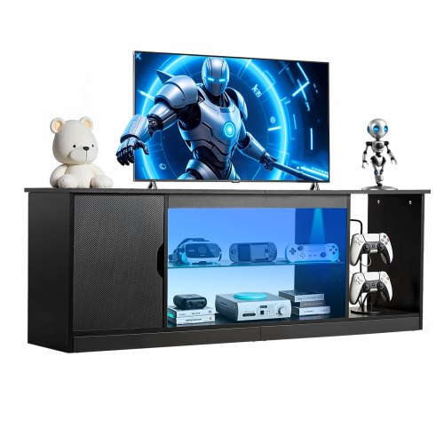TV Stand for TVs up to 1651 mm, Modern Entertainment Center with Light Strip, Wooden TV Cabinet Storage with Glass Shelf and Adjustable Shelves, Console Table for Living Room and Bedroom, Black