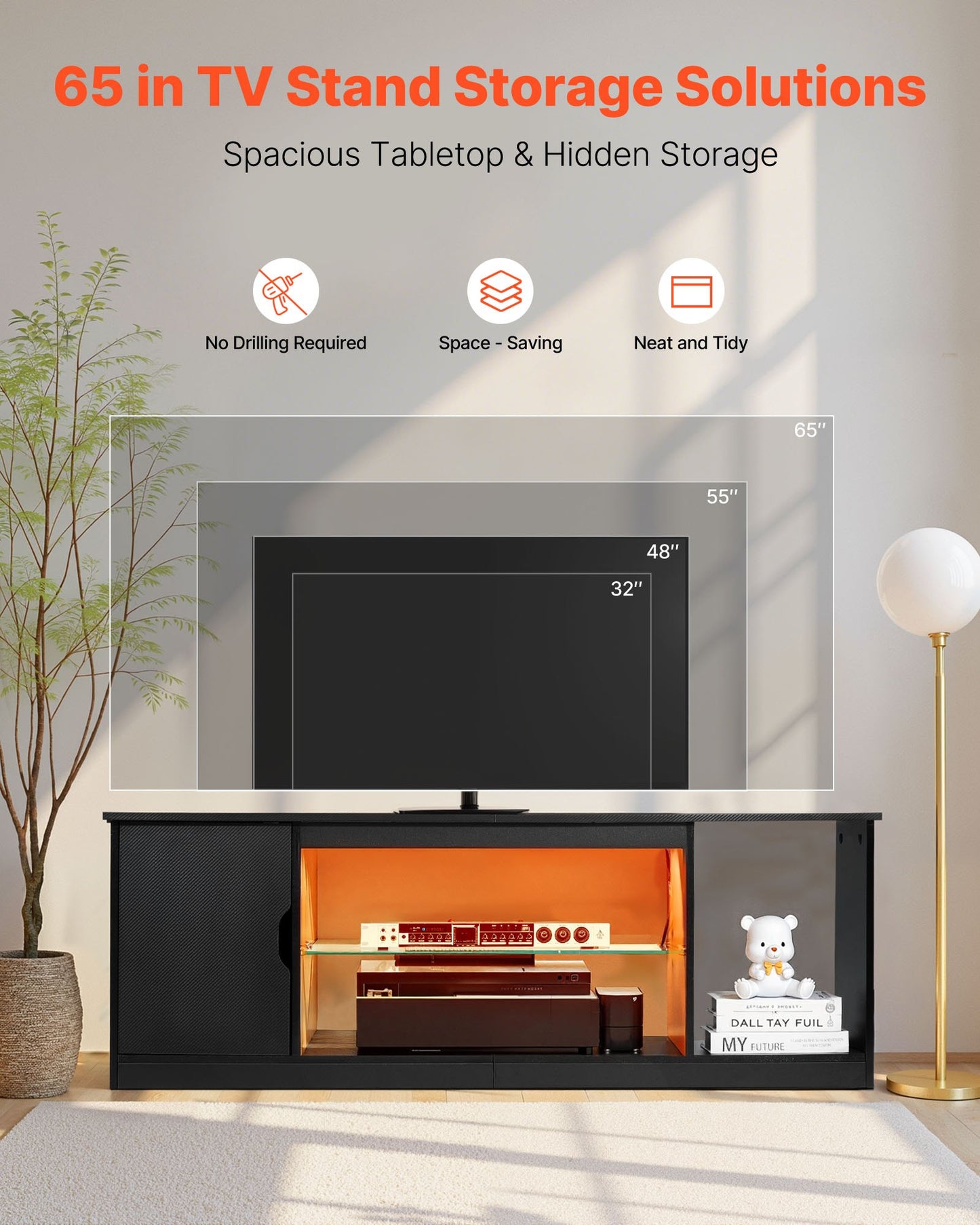 TV-stativ för TV-apparater upp till 1651 mm, Modernt underhållningscenter med ljuslist, TV-skåp i trä med glashylla och justerbara hyllor, Konsolbord för vardagsrum och sovrum, Svart