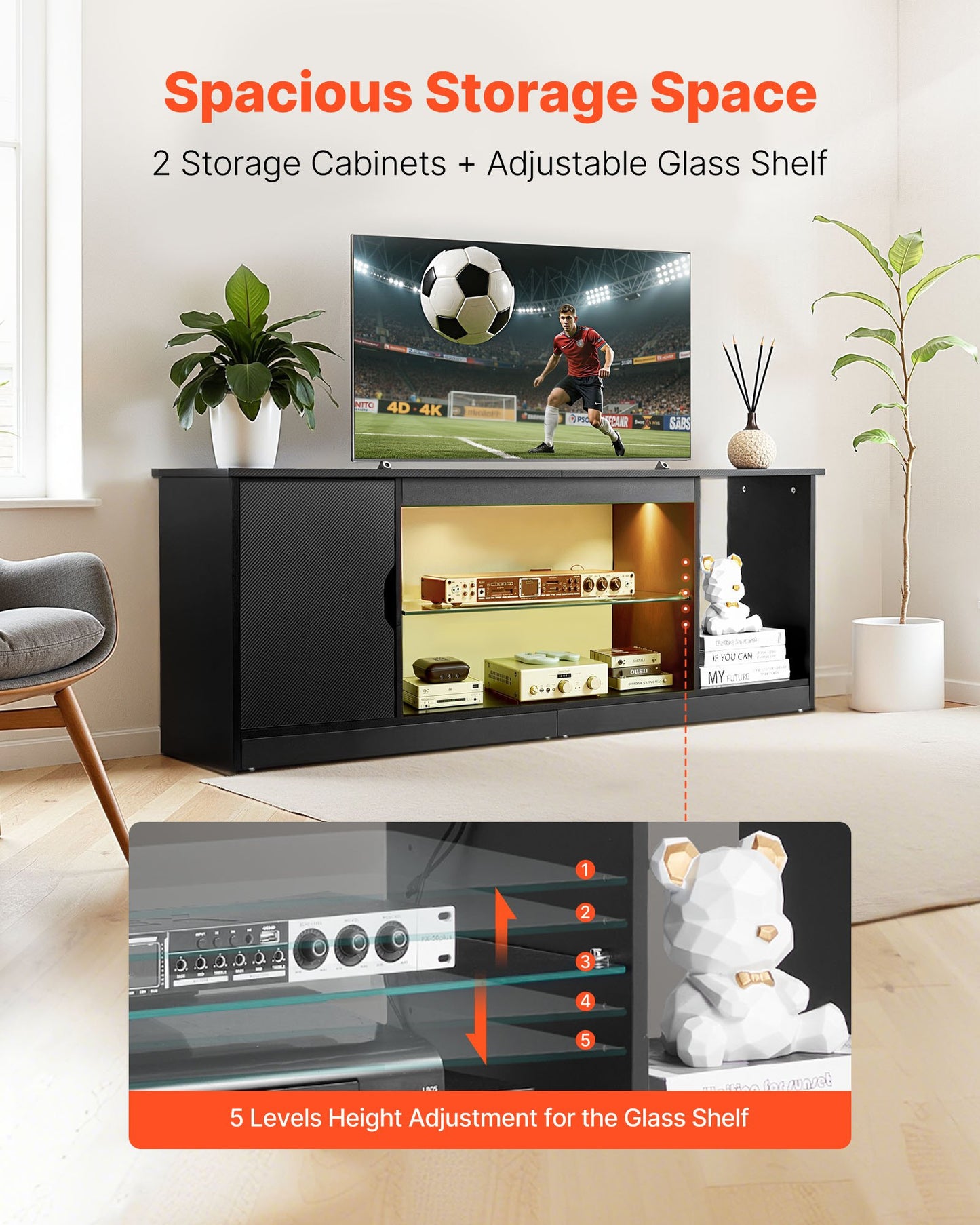 TV-stativ för TV-apparater upp till 1651 mm, Modernt underhållningscenter med ljuslist, TV-skåp i trä med glashylla och justerbara hyllor, Konsolbord för vardagsrum och sovrum, Svart