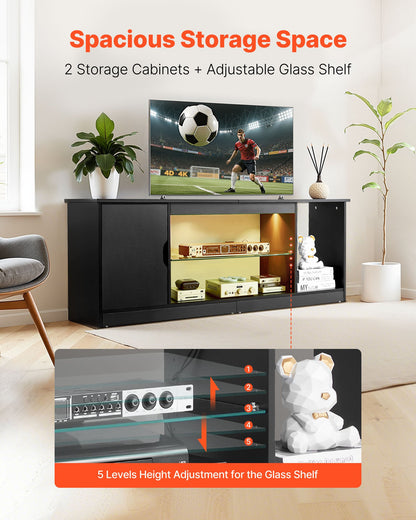 TV-stativ för TV-apparater upp till 1651 mm, Modernt underhållningscenter med ljuslist, TV-skåp i trä med glashylla och justerbara hyllor, Konsolbord för vardagsrum och sovrum, Svart
