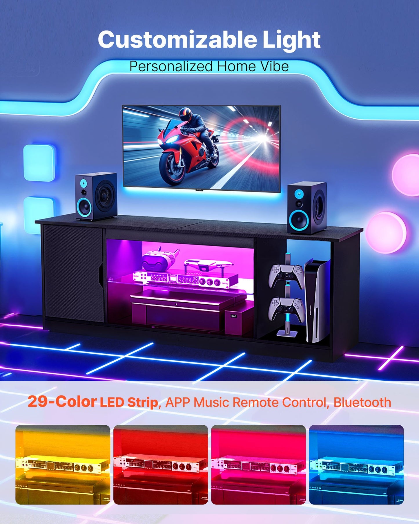 TV-stativ för TV-apparater upp till 1651 mm, Modernt underhållningscenter med ljuslist, TV-skåp i trä med glashylla och justerbara hyllor, Konsolbord för vardagsrum och sovrum, Svart