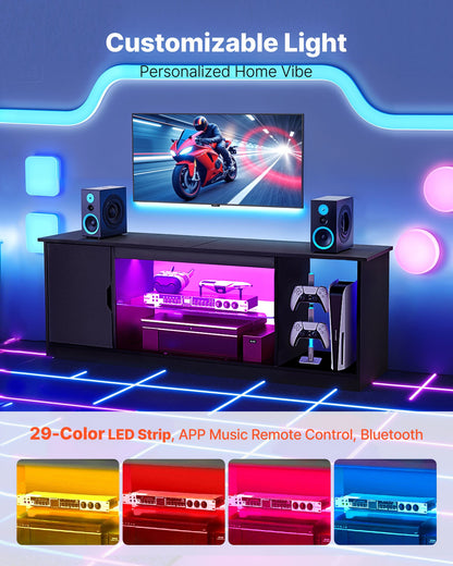 TV-stativ för TV-apparater upp till 1651 mm, Modernt underhållningscenter med ljuslist, TV-skåp i trä med glashylla och justerbara hyllor, Konsolbord för vardagsrum och sovrum, Svart