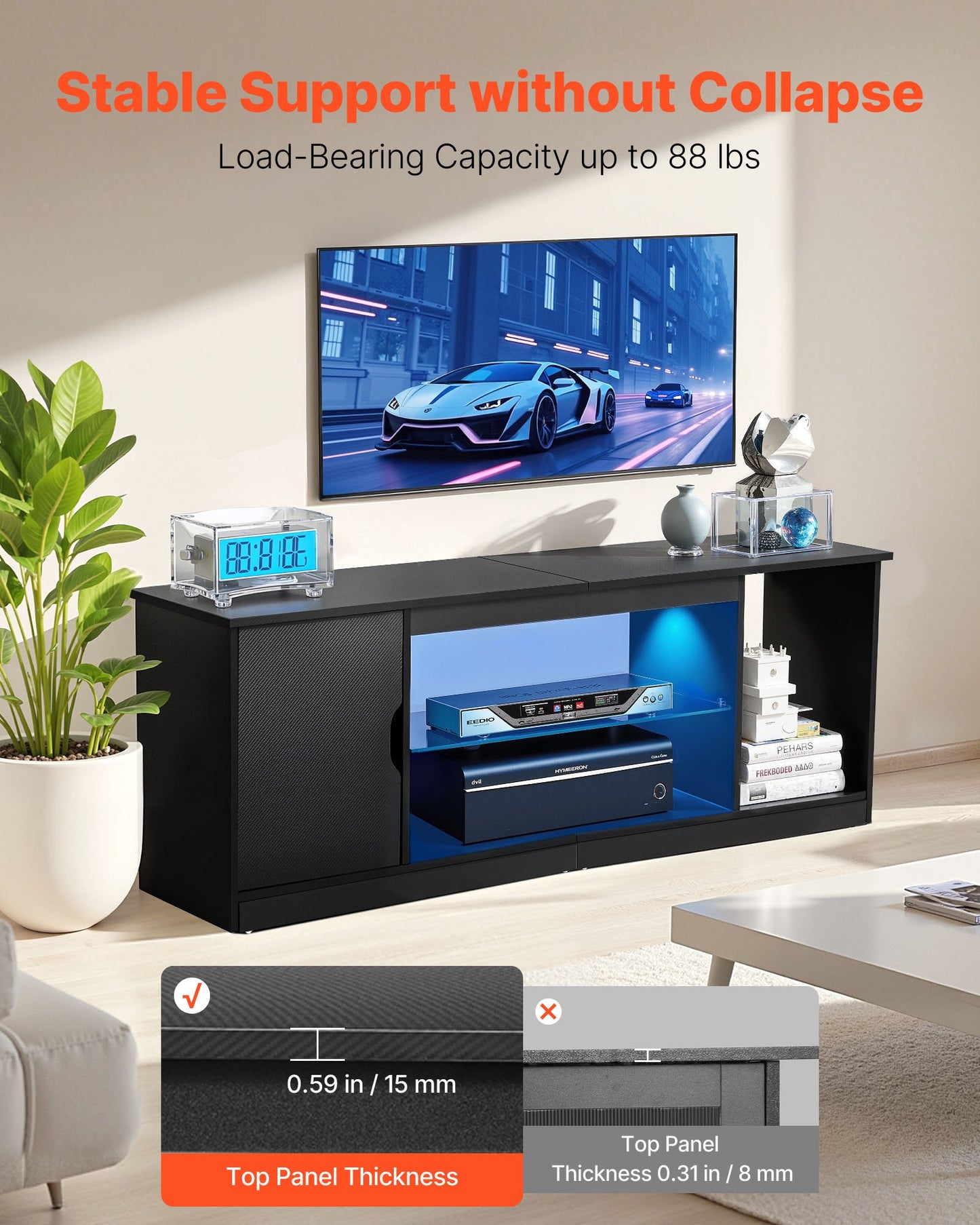 TV-stativ för TV-apparater upp till 1651 mm, Modernt underhållningscenter med ljuslist, TV-skåp i trä med glashylla och justerbara hyllor, Konsolbord för vardagsrum och sovrum, Svart