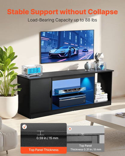 TV-stativ för TV-apparater upp till 1651 mm, Modernt underhållningscenter med ljuslist, TV-skåp i trä med glashylla och justerbara hyllor, Konsolbord för vardagsrum och sovrum, Svart