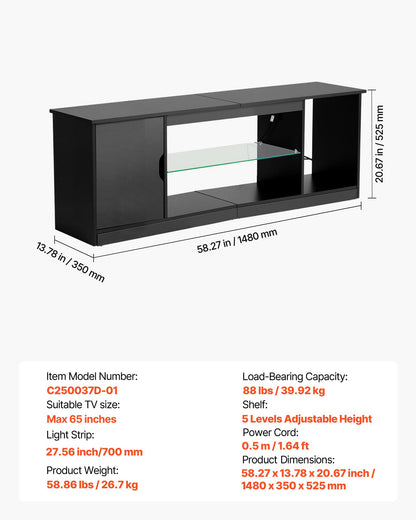 TV-stativ för TV-apparater upp till 1651 mm, Modernt underhållningscenter med ljuslist, TV-skåp i trä med glashylla och justerbara hyllor, Konsolbord för vardagsrum och sovrum, Svart