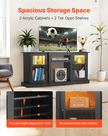 TV Stand for TVs up to 1651 mm, Modern Entertainment Center with Light Strip, Wooden TV Cabinet Storage with Glass Doors and Adjustable Shelves, Console Table for Living Room and Bedroom, Black