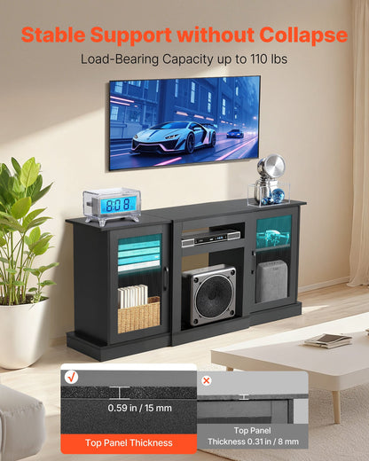 TV Stand for TVs up to 1651 mm, Modern Entertainment Center with Light Strip, Wooden TV Cabinet Storage with Glass Doors and Adjustable Shelves, Console Table for Living Room and Bedroom, Black