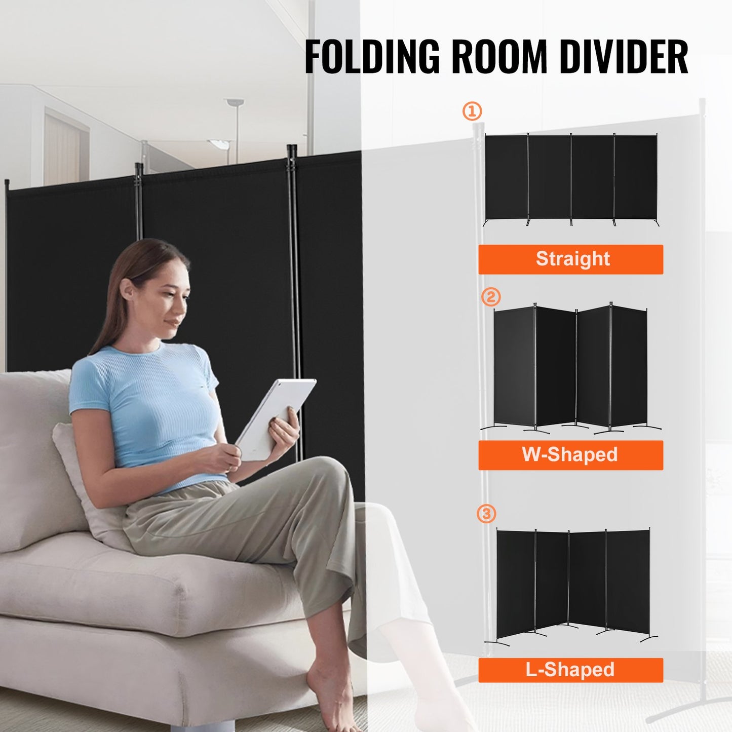 Room Divider, 4 Panels Room Divider, Folding Privacy Screen and Portable Partition Divider for Room Separation, Freestanding Room Partitions for Office, Bedroom, Study, Black