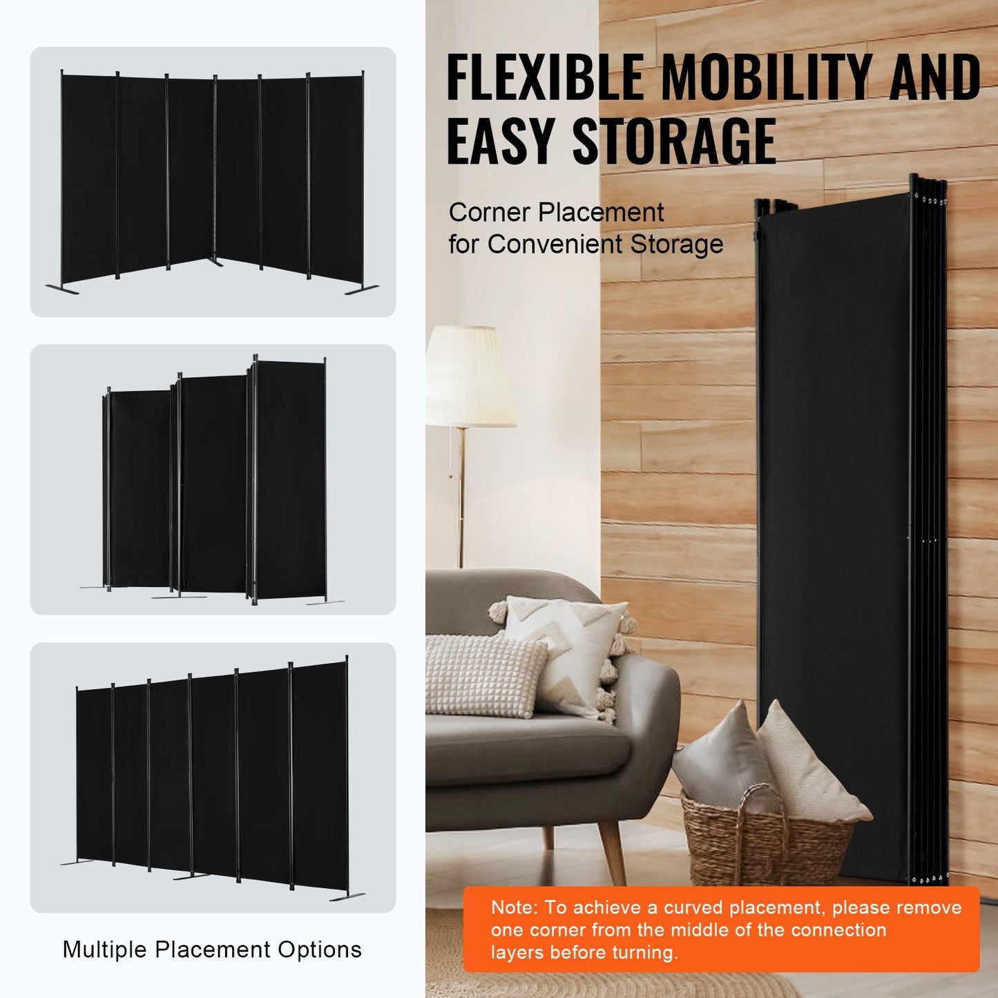 Room Divider, 6 Panels Room Divider, Folding Privacy Screen and Portable Partition Divider for Room Separation, Freestanding Room Partitions for Office, Bedroom, Study, Black
