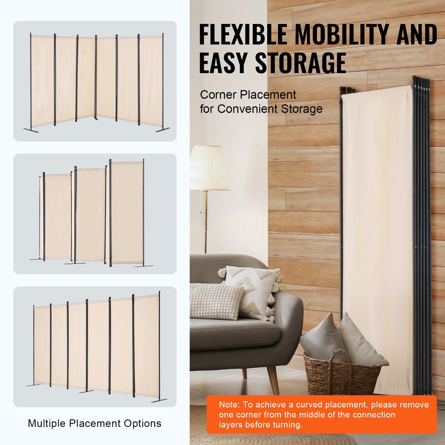 Room Divider, 6 Panels Room Divider, Folding Privacy Screen and Portable Partition Divider for Room Separation, Freestanding Room Partitions for Office, Bedroom, Study, Beige