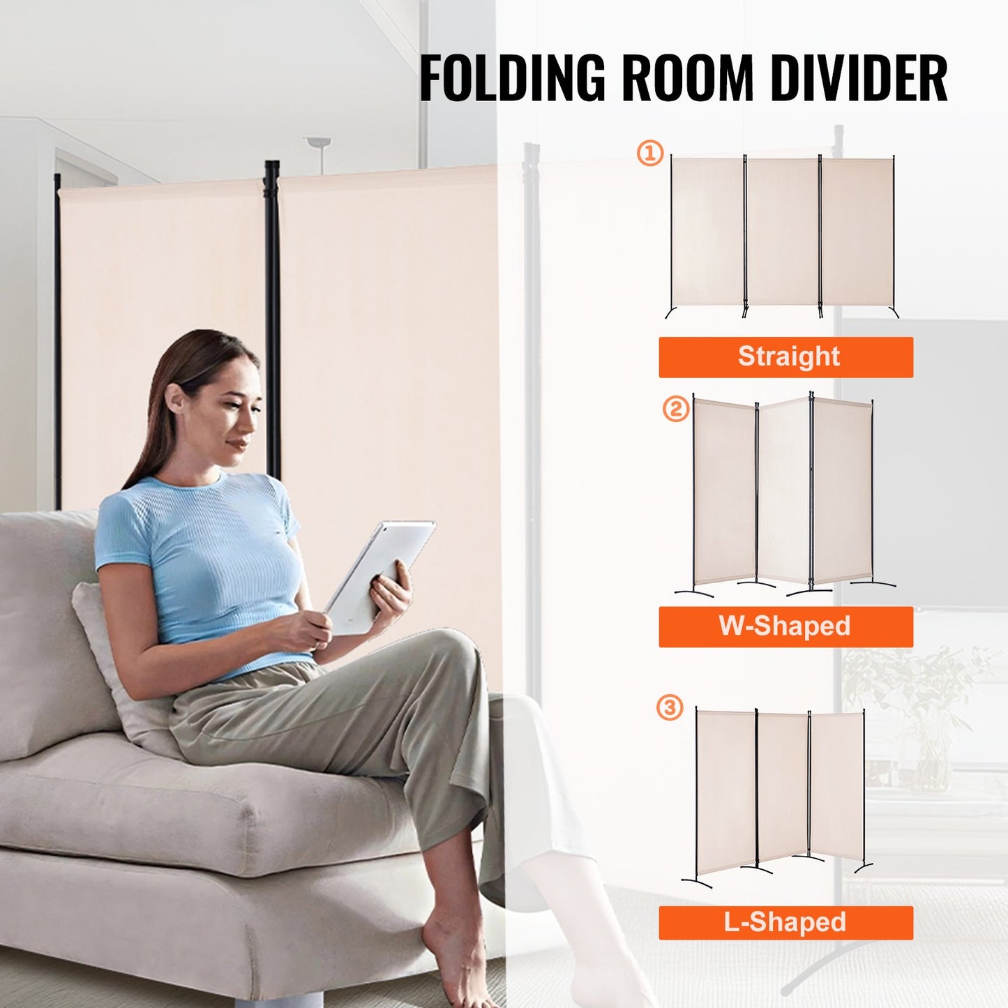 Room Divider, 3 Panels Room Divider, Folding Privacy Screen and Portable Partition Divider for Room Separation, Freestanding Room Partitions for Office, Bedroom, Study, Beige