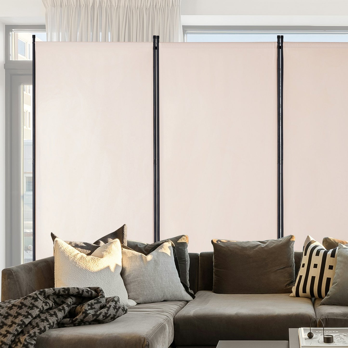 Rumsavdelare, 3 paneler rumsavdelare, hopfällbar skärm och bärbar skiljevägg för rumsavskiljning, fristående rumsavdelare för kontor, sovrum, arbetsrum, beige