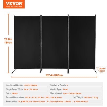 Room Divider, 3 Panels Room Divider, Folding Privacy Screen and Portable Partition Divider for Room Separation, Freestanding Room Partitions for Office, Bedroom, Study, Black