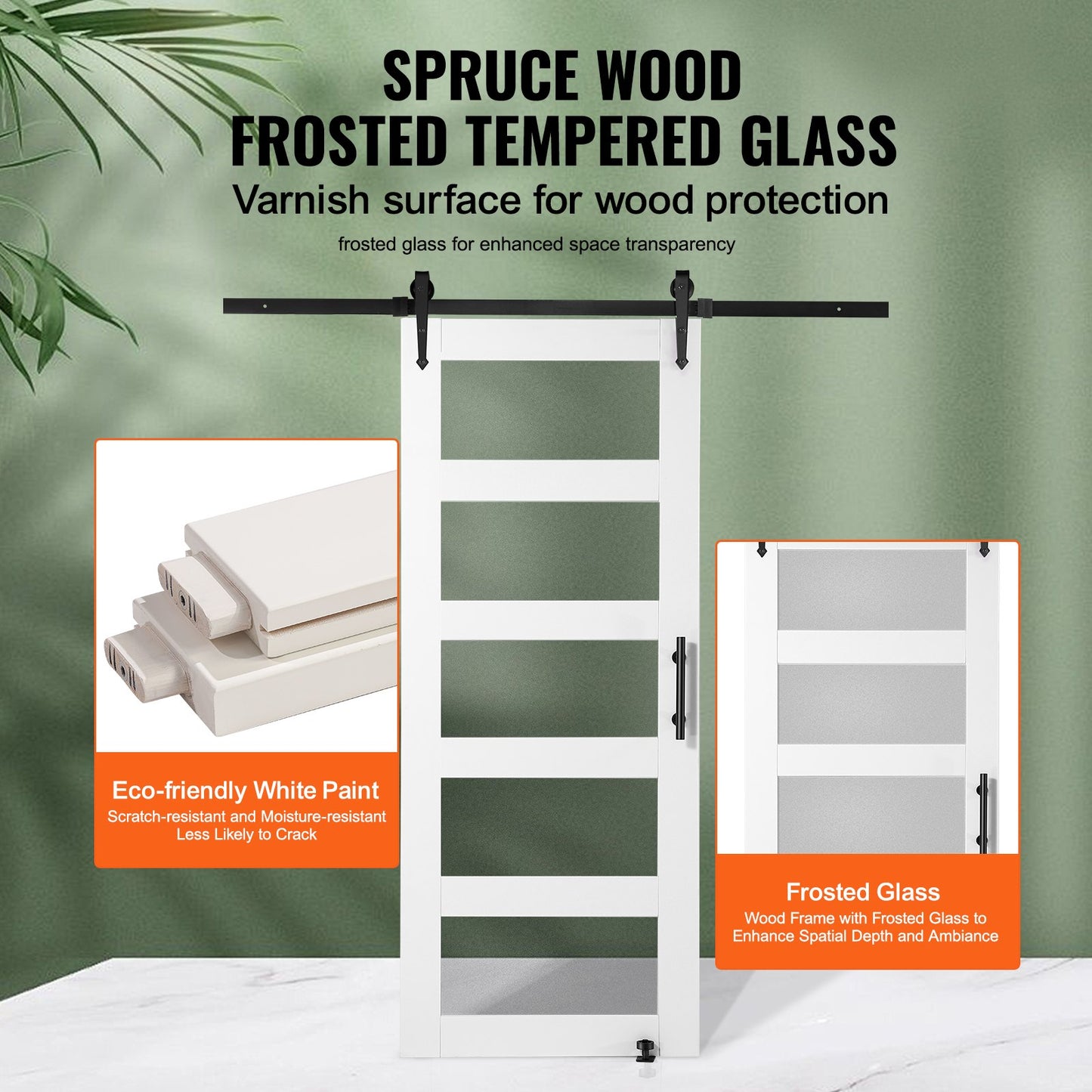 Barn Door and Hardware Kit, 32" x 84" Wood and Glass Sliding Barn Door, Smoothly and Quietly, Barn Door Kit with 8-in-1 Floor Guide and Door Handle, Spruce Wood Slab and Frosted Glass