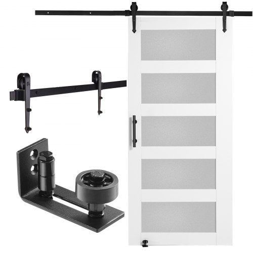 Barn Door and Hardware Kit, 42" x 84" Wood and Glass Sliding Barn Door, Smoothly and Quietly, Barn Door Kit with 8-in-1 Floor Guide and Door Handle, Spruce Wood Slab and Frosted Glass
