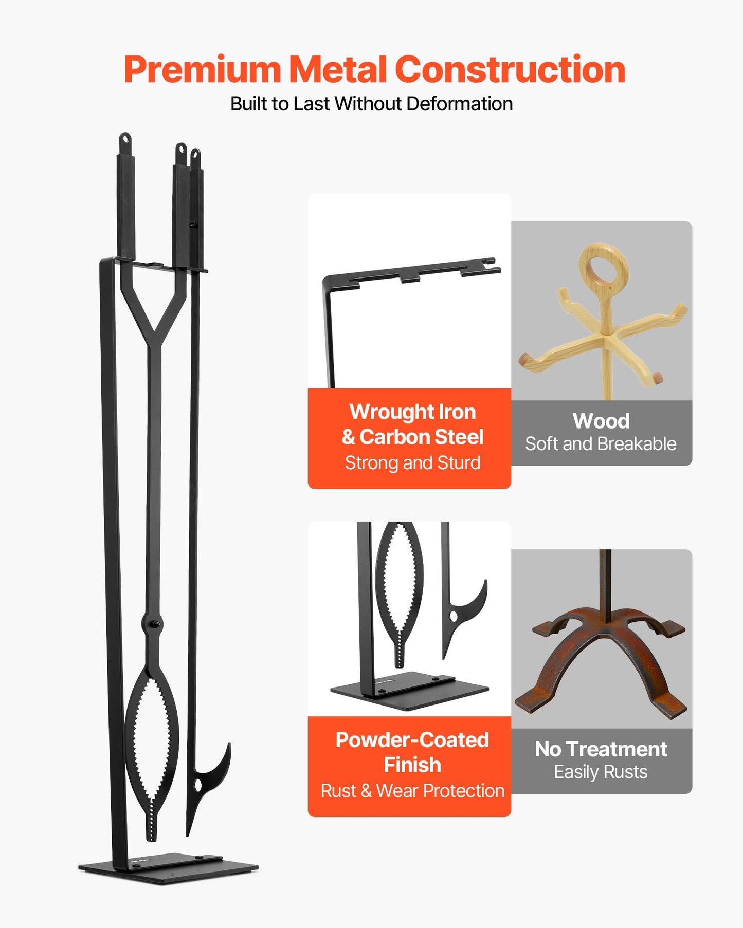 Eldstadsverktygsset, 3-delars eldstadsverktygsset och hållare med stativ, tång, eldstadspoker, smidesjärnstillbehör för lägereld, trädgårdseld inomhus/utomhus, svart