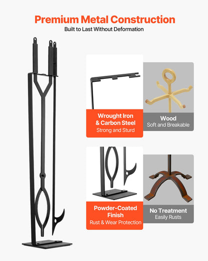 Eldstadsverktygsset, 3-delars eldstadsverktygsset och hållare med stativ, tång, eldstadspoker, smidesjärnstillbehör för lägereld, trädgårdseld inomhus/utomhus, svart