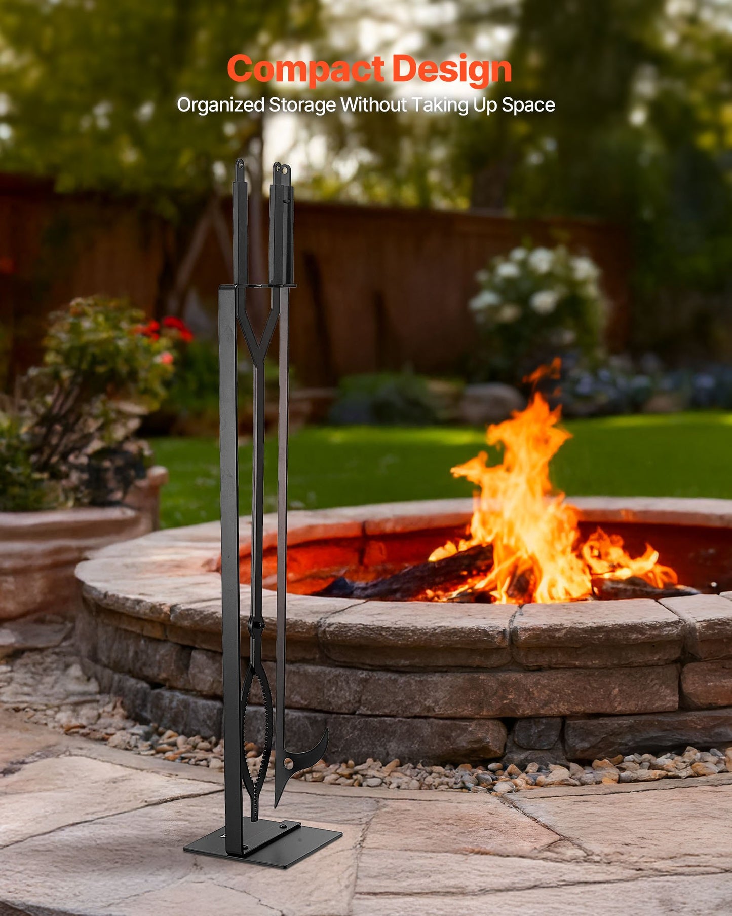 Eldstadsverktygsset, 3-delars eldstadsverktygsset och hållare med stativ, tång, eldstadspoker, smidesjärnstillbehör för lägereld, trädgårdseld inomhus/utomhus, svart
