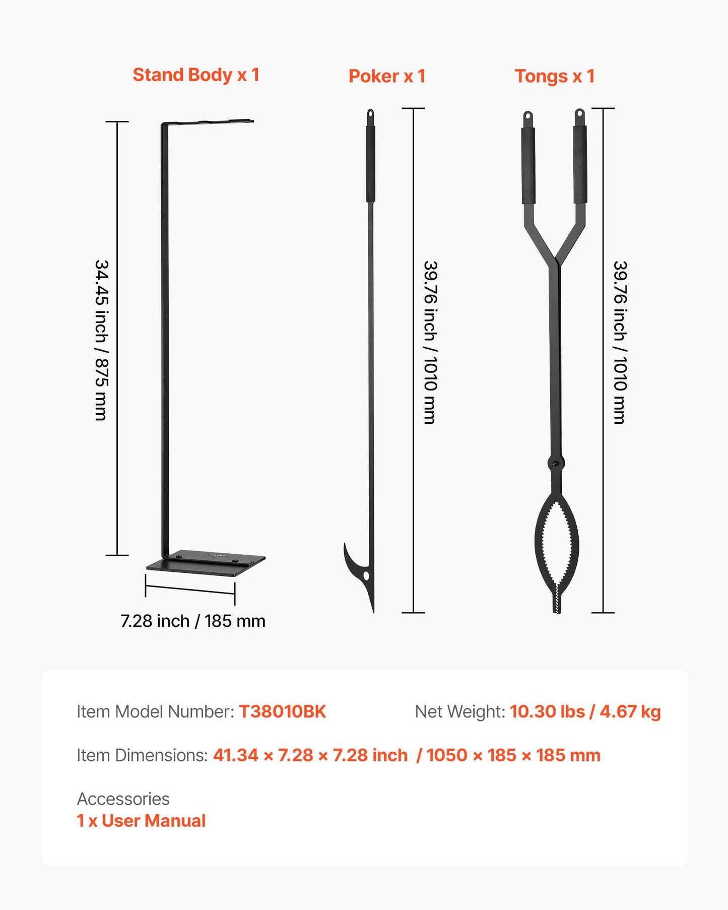 Eldstadsverktygsset, 3-delars eldstadsverktygsset och hållare med stativ, tång, eldstadspoker, smidesjärnstillbehör för lägereld, trädgårdseld inomhus/utomhus, svart