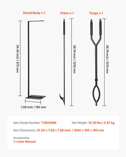 Eldstadsverktygsset, 3-delars eldstadsverktygsset och hållare med stativ, tång, eldstadspoker, smidesjärnstillbehör för lägereld, trädgårdseld inomhus/utomhus, svart
