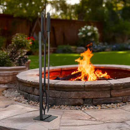 Eldstadsverktygsset, 3-delars eldstadsverktygsset och hållare med stativ, tång, eldstadspoker, smidesjärnstillbehör för lägereld, trädgårdseld inomhus/utomhus, svart