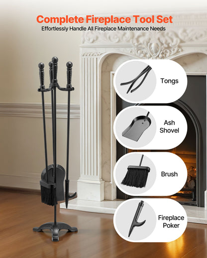 Eldstadsverktygsset, 4-delars eldstadsverktygsset och hållare med trestiftsställ, askspade, borste, eldstadspoke, smidesjärnstillbehör för eldstad inomhus/utomhus, svart