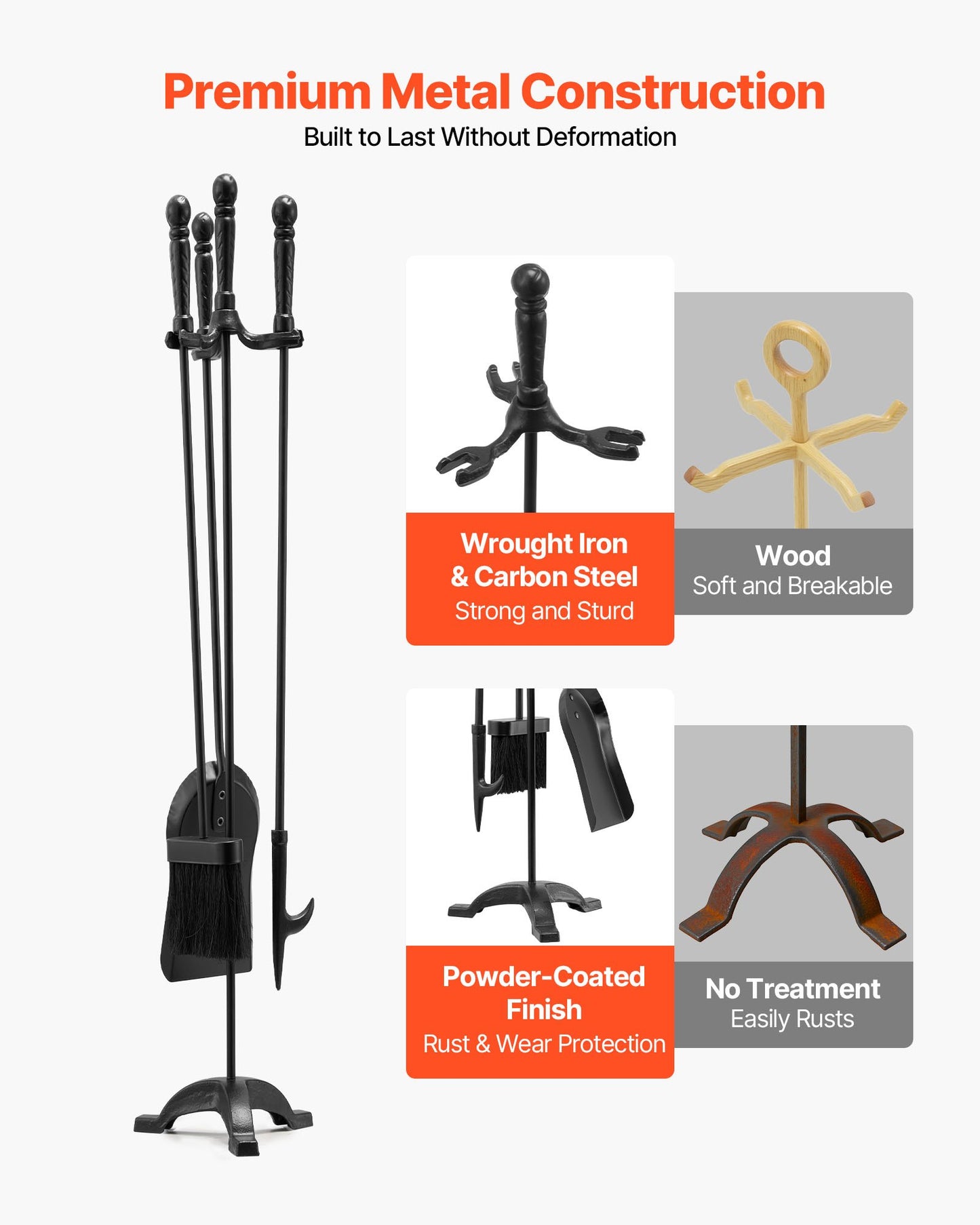 Eldstadsverktygsset, 4-delars eldstadsverktygsset och hållare med trestiftsställ, askspade, borste, eldstadspoke, smidesjärnstillbehör för eldstad inomhus/utomhus, svart