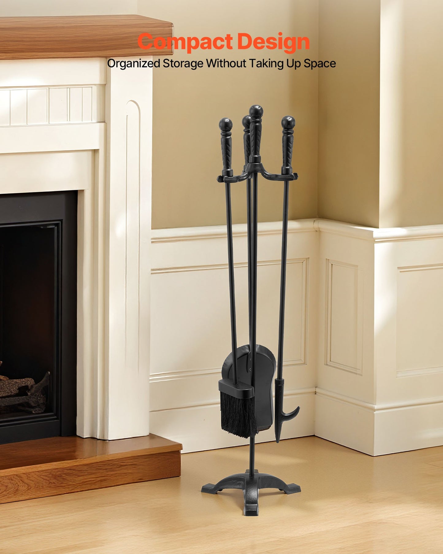 Eldstadsverktygsset, 4-delars eldstadsverktygsset och hållare med trestiftsställ, askspade, borste, eldstadspoke, smidesjärnstillbehör för eldstad inomhus/utomhus, svart