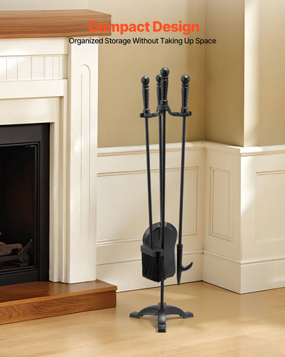 Eldstadsverktygsset, 4-delars eldstadsverktygsset och hållare med trestiftsställ, askspade, borste, eldstadspoke, smidesjärnstillbehör för eldstad inomhus/utomhus, svart