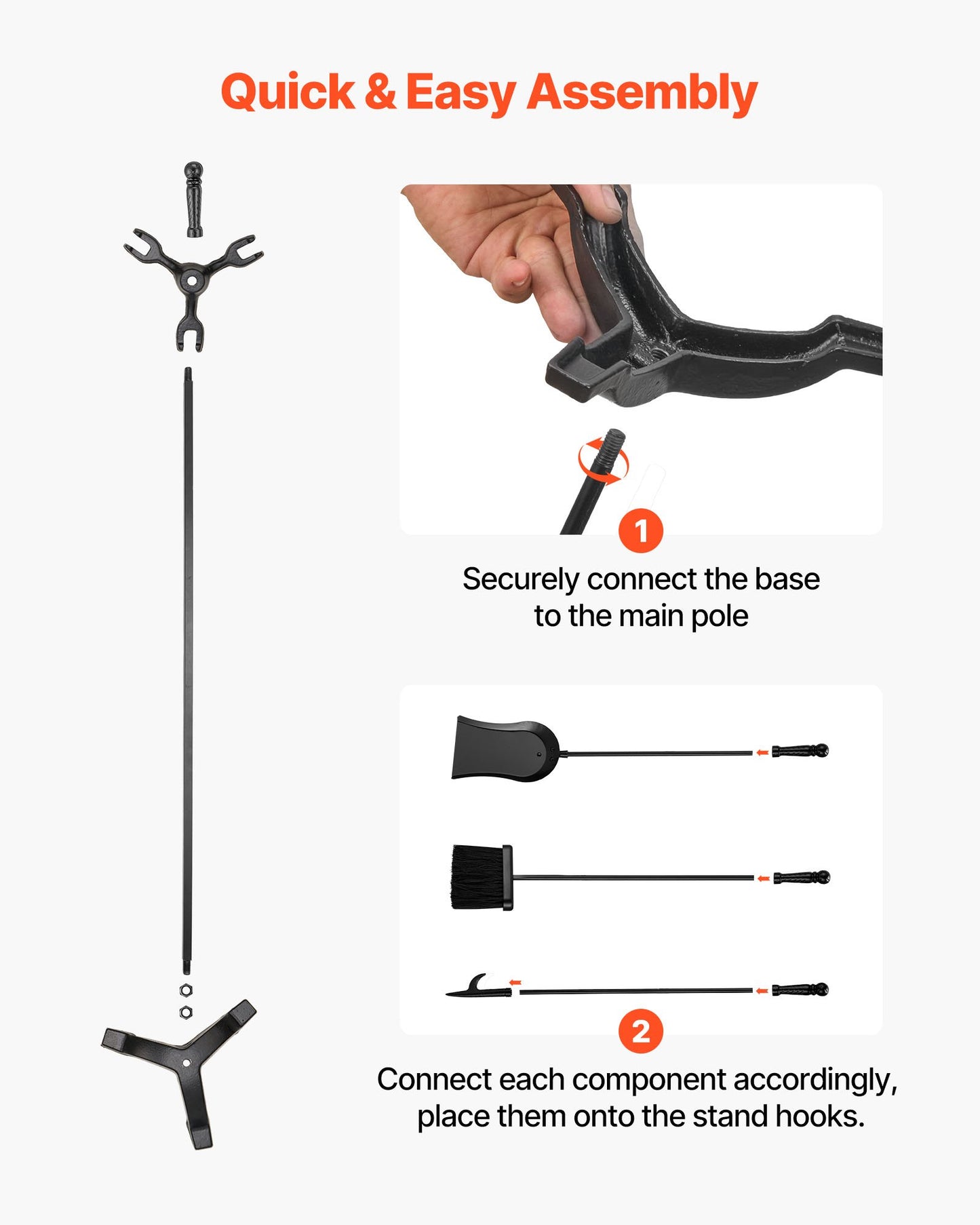 Eldstadsverktygsset, 4-delars eldstadsverktygsset och hållare med trestiftsställ, askspade, borste, eldstadspoke, smidesjärnstillbehör för eldstad inomhus/utomhus, svart