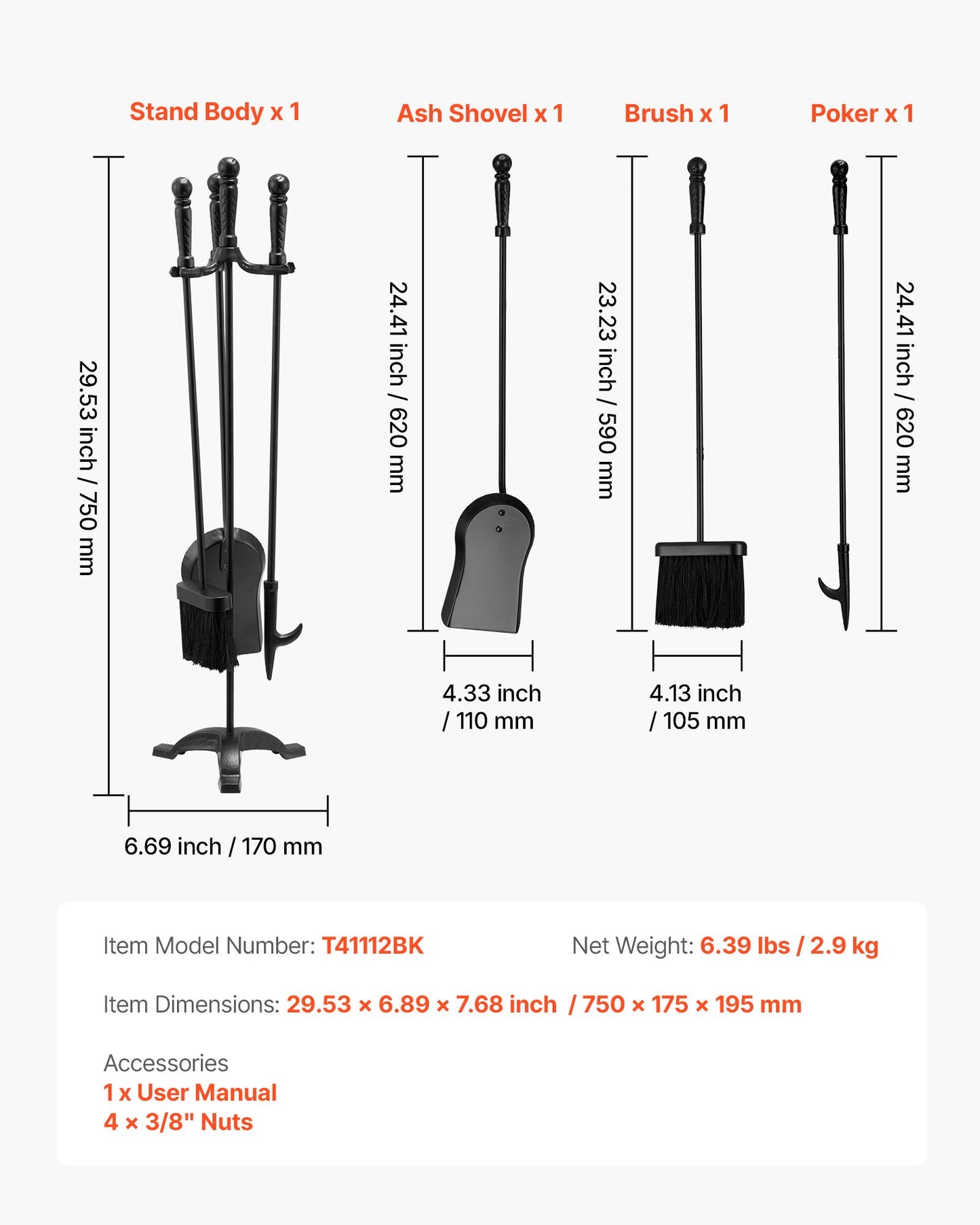 Eldstadsverktygsset, 4-delars eldstadsverktygsset och hållare med trestiftsställ, askspade, borste, eldstadspoke, smidesjärnstillbehör för eldstad inomhus/utomhus, svart