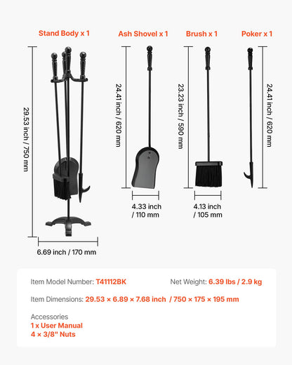 Eldstadsverktygsset, 4-delars eldstadsverktygsset och hållare med trestiftsställ, askspade, borste, eldstadspoke, smidesjärnstillbehör för eldstad inomhus/utomhus, svart