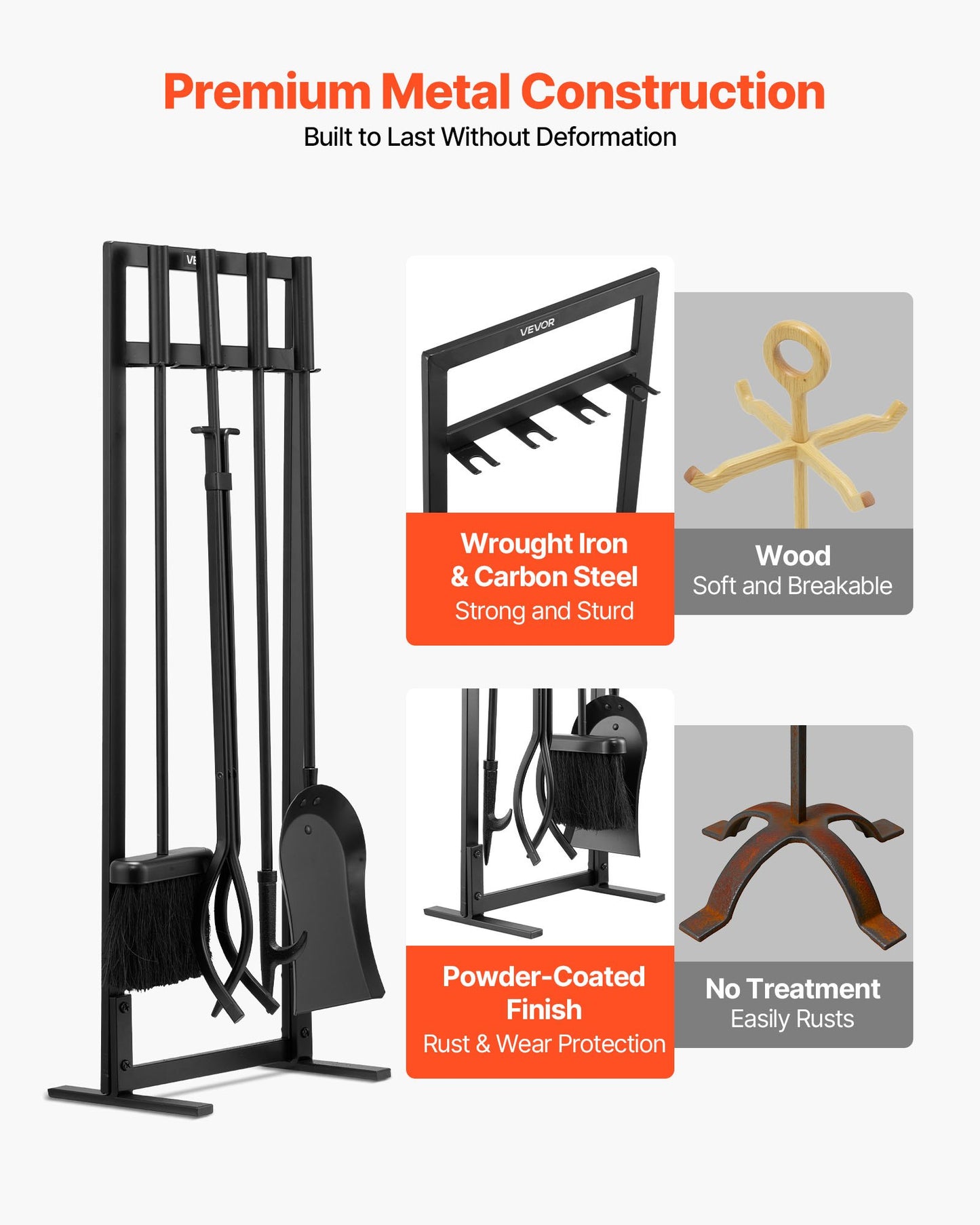 Fireplace Tool Set, 5 PCS Fire Tool Set and Holder with Square-Frame Stand, Tongs, Ash Shovel, Brush, Fire Place Poker, Wrought Iron Steel Fireplace Accessories for Indoor/Outdoor, Black