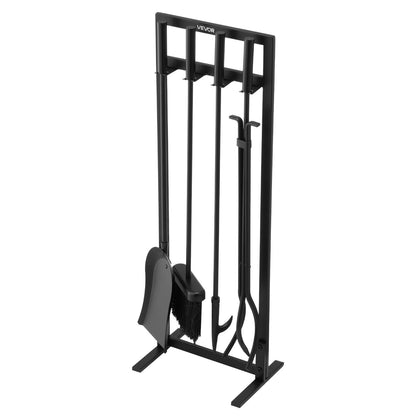 Fireplace Tool Set, 5 PCS Fire Tool Set and Holder with Square-Frame Stand, Tongs, Ash Shovel, Brush, Fire Place Poker, Wrought Iron Steel Fireplace Accessories for Indoor/Outdoor, Black