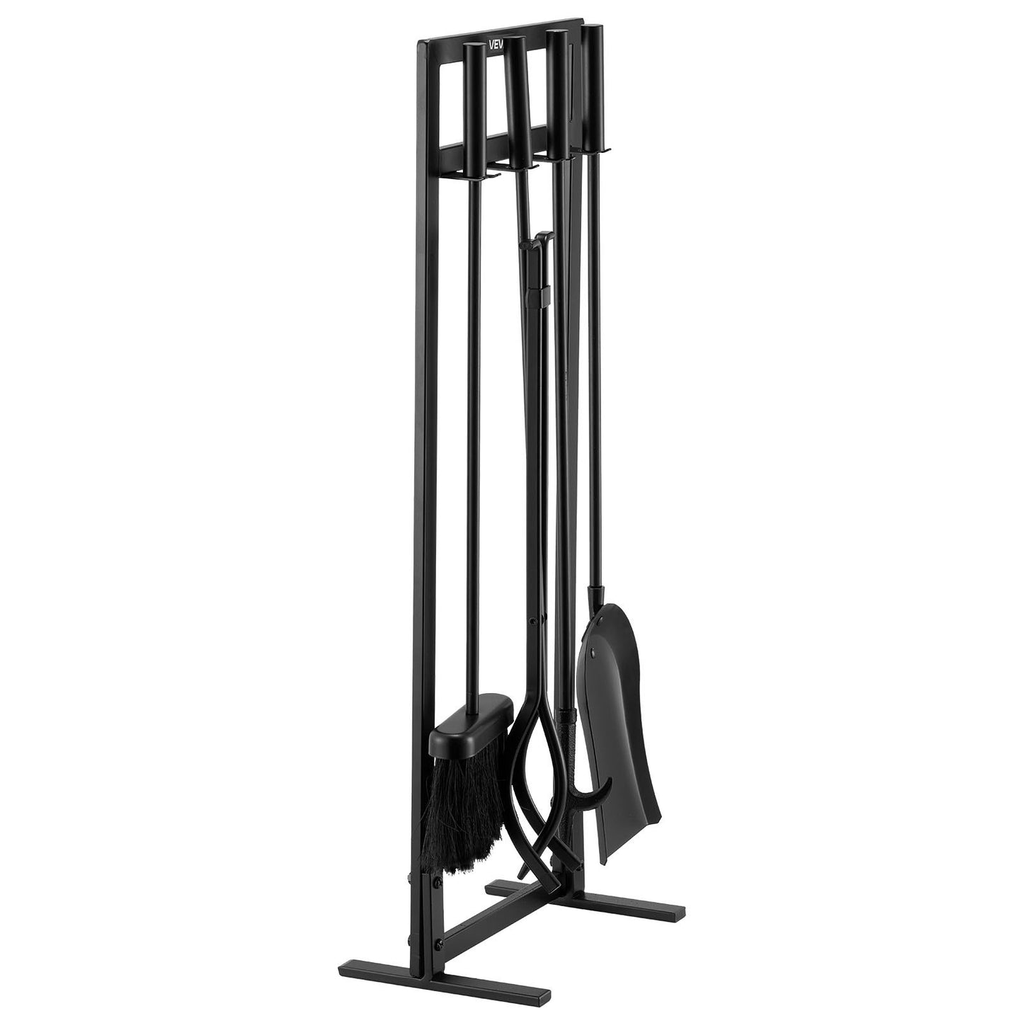 Fireplace Tool Set, 5 PCS Fire Tool Set and Holder with Square-Frame Stand, Tongs, Ash Shovel, Brush, Fire Place Poker, Wrought Iron Steel Fireplace Accessories for Indoor/Outdoor, Black