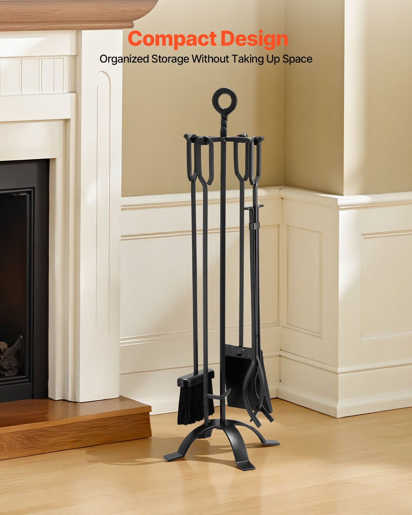 Fireplace Tool Set, 5 PCS Fire Tool Set and Holder with Four-Prong Stand, Tongs, Ash Shovel, Brush, Fire Place Poker, Wrought Iron Fireplace Accessories for Campfire Indoor/Outdoor, Black