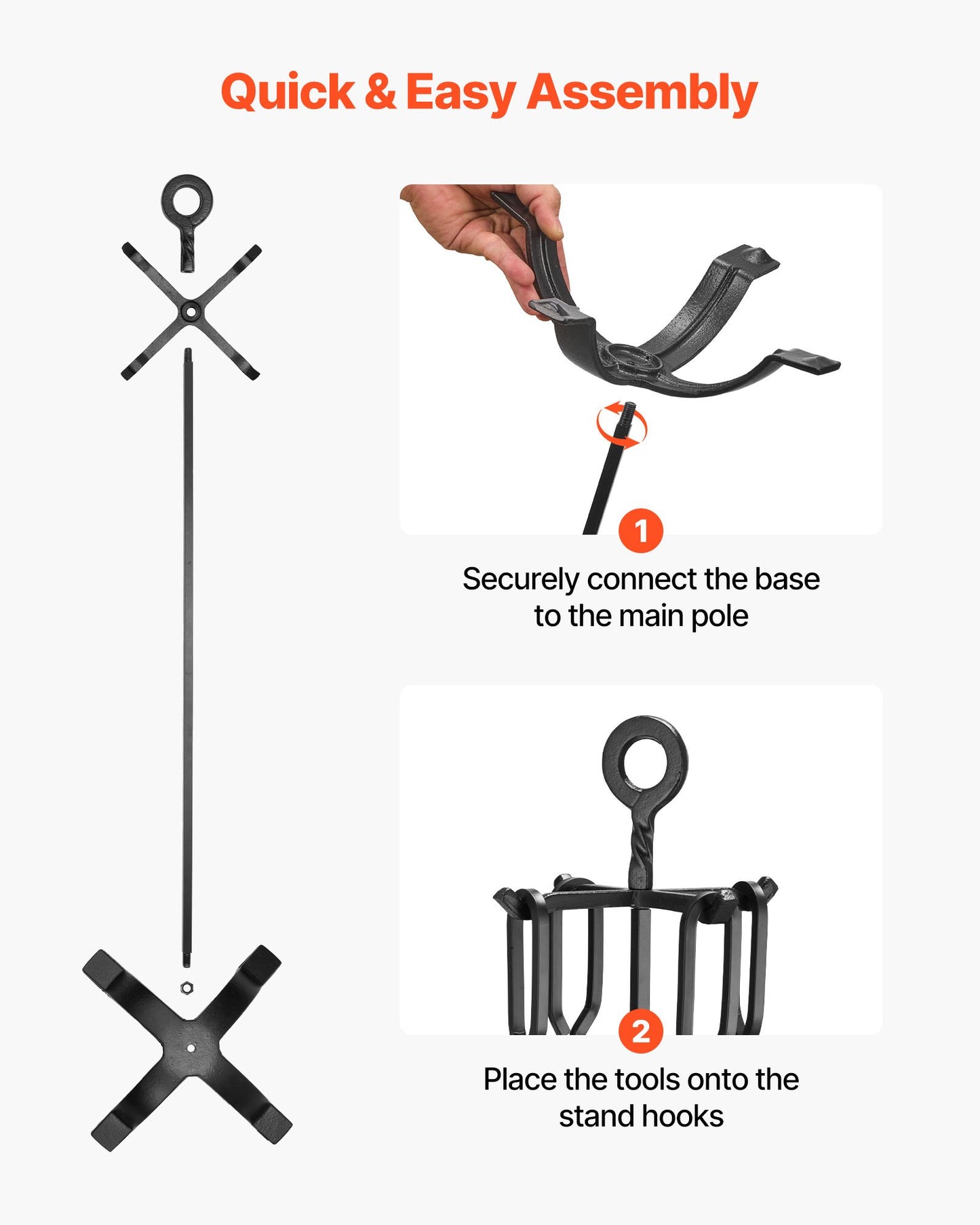 Fireplace Tool Set, 5 PCS Fire Tool Set and Holder with Four-Prong Stand, Tongs, Ash Shovel, Brush, Fire Place Poker, Wrought Iron Fireplace Accessories for Campfire Indoor/Outdoor, Black