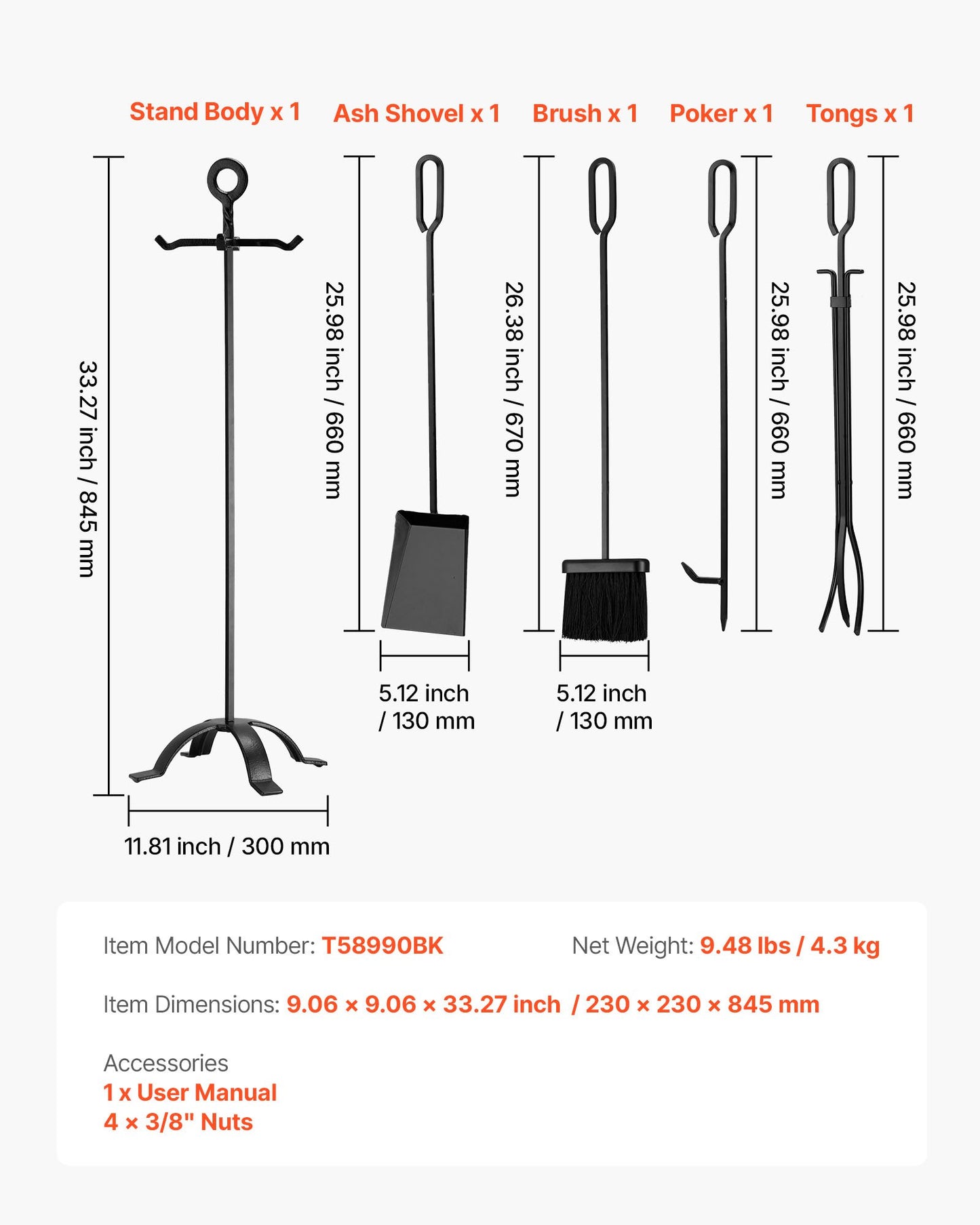 Fireplace Tool Set, 5 PCS Fire Tool Set and Holder with Four-Prong Stand, Tongs, Ash Shovel, Brush, Fire Place Poker, Wrought Iron Fireplace Accessories for Campfire Indoor/Outdoor, Black