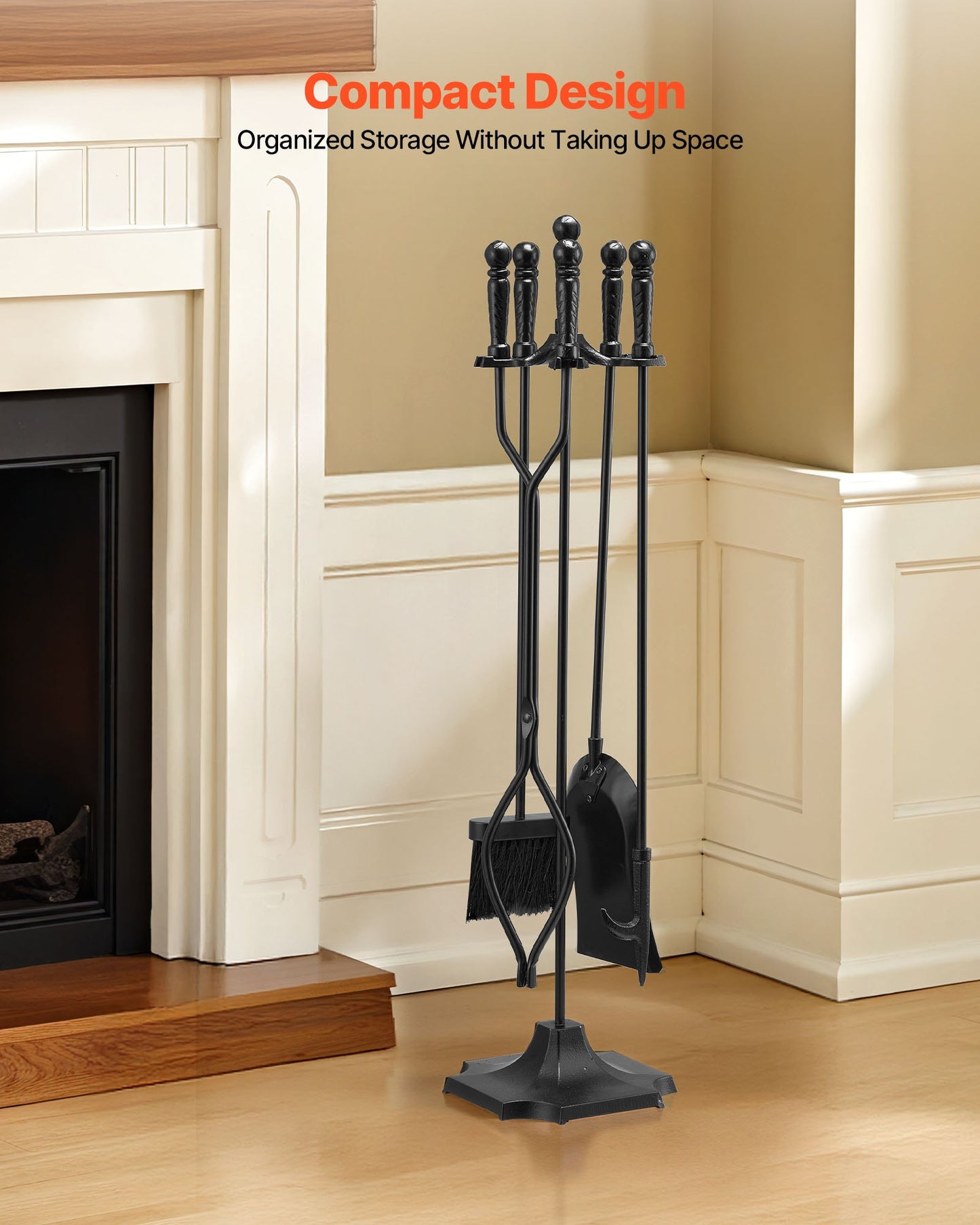 Eldstadsverktygsset, 5-delars eldstadsverktygsset och hållare med femstiftsstativ, tång, askspade, borste, eldstadspoke, smidesjärnstillbehör för eldstad inomhus/utomhus, svart