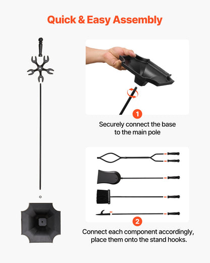 Eldstadsverktygsset, 5-delars eldstadsverktygsset och hållare med femstiftsstativ, tång, askspade, borste, eldstadspoke, smidesjärnstillbehör för eldstad inomhus/utomhus, svart