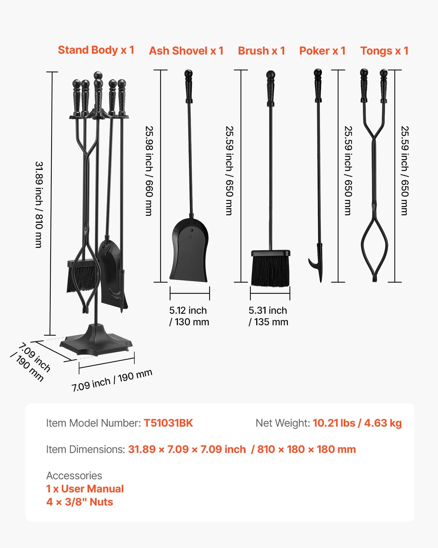 Eldstadsverktygsset, 5-delars eldstadsverktygsset och hållare med femstiftsstativ, tång, askspade, borste, eldstadspoke, smidesjärnstillbehör för eldstad inomhus/utomhus, svart