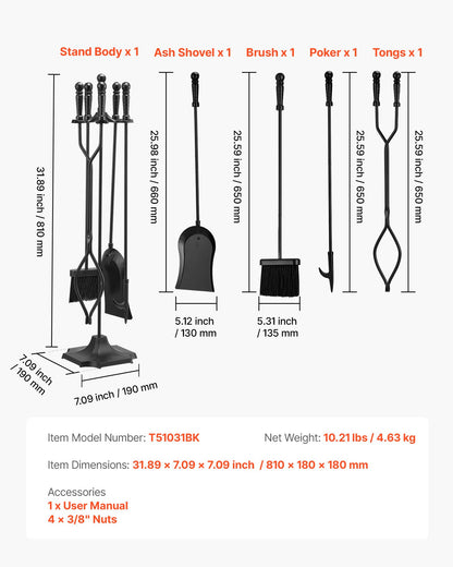 Eldstadsverktygsset, 5-delars eldstadsverktygsset och hållare med femstiftsstativ, tång, askspade, borste, eldstadspoke, smidesjärnstillbehör för eldstad inomhus/utomhus, svart