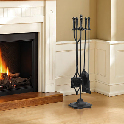 Eldstadsverktygsset, 5-delars eldstadsverktygsset och hållare med femstiftsstativ, tång, askspade, borste, eldstadspoke, smidesjärnstillbehör för eldstad inomhus/utomhus, svart
