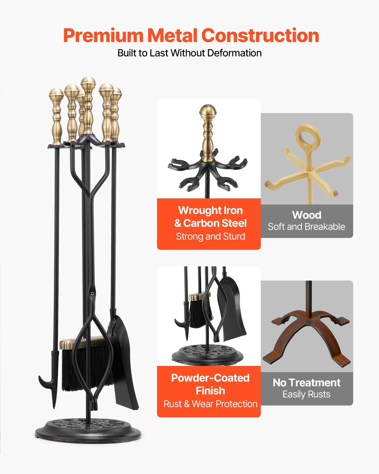 Eldstadsverktygsset, 5-delars eldstadsverktygsset och hållare med femstiftsställ, tång, askspade, borste, eldstadspoke, smidesjärnstillbehör till eldstad för inomhus-/utomhusbruk, svart och mässing