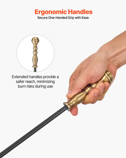 Eldstadsverktygsset, 5-delars eldstadsverktygsset och hållare med femstiftsställ, tång, askspade, borste, eldstadspoke, smidesjärnstillbehör till eldstad för inomhus-/utomhusbruk, svart och mässing