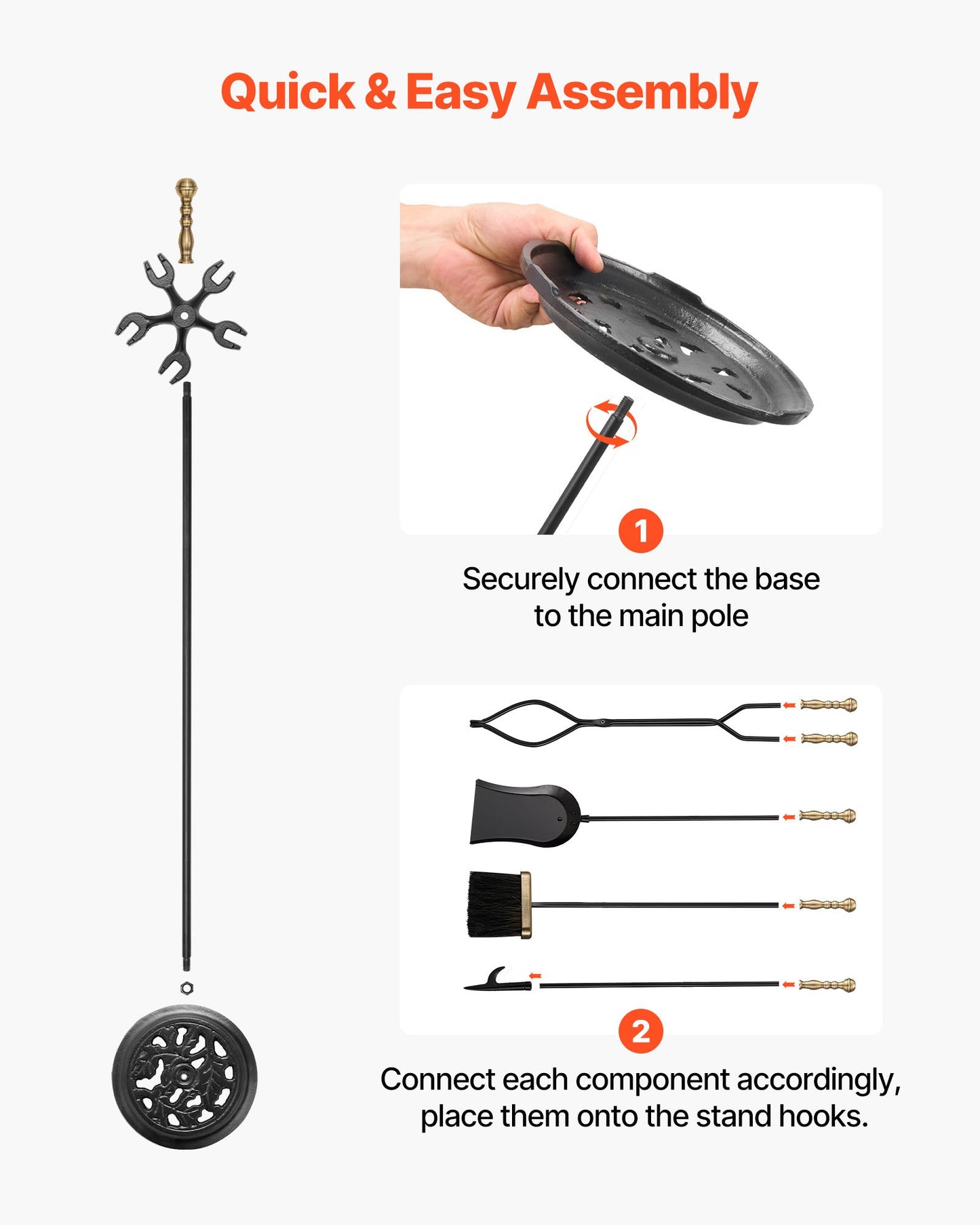 Eldstadsverktygsset, 5-delars eldstadsverktygsset och hållare med femstiftsställ, tång, askspade, borste, eldstadspoke, smidesjärnstillbehör till eldstad för inomhus-/utomhusbruk, svart och mässing