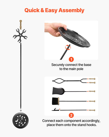 Eldstadsverktygsset, 5-delars eldstadsverktygsset och hållare med femstiftsställ, tång, askspade, borste, eldstadspoke, smidesjärnstillbehör till eldstad för inomhus-/utomhusbruk, svart och mässing