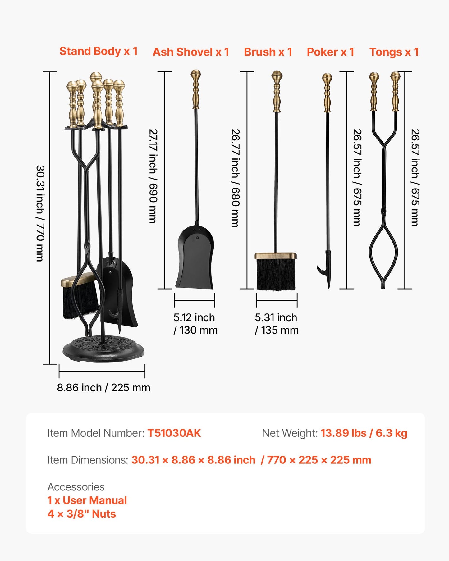 Eldstadsverktygsset, 5-delars eldstadsverktygsset och hållare med femstiftsställ, tång, askspade, borste, eldstadspoke, smidesjärnstillbehör till eldstad för inomhus-/utomhusbruk, svart och mässing