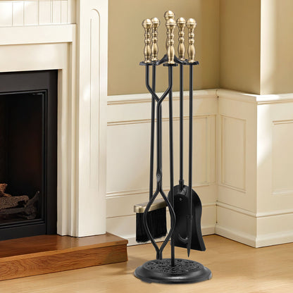 Eldstadsverktygsset, 5-delars eldstadsverktygsset och hållare med femstiftsställ, tång, askspade, borste, eldstadspoke, smidesjärnstillbehör till eldstad för inomhus-/utomhusbruk, svart och mässing