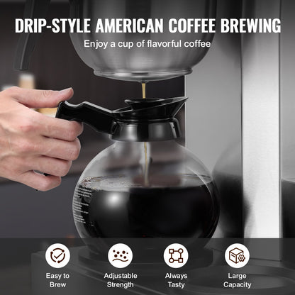 12 Cups Commercial Drip Coffee Maker, Coffee Maker Machine with 3 Glass Carafes and 3 Warmer Plates, Stainless Steel Pour Over Coffee Brewer with Auto Water Intake, for Restaurant Office Cafe